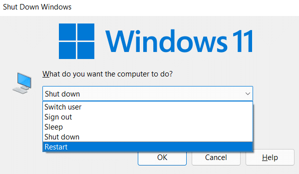 Sélectionnez l'option Redémarrer et cliquez sur l'option OK.  |  comment forcer la fermeture d'un programme sur Windows 11