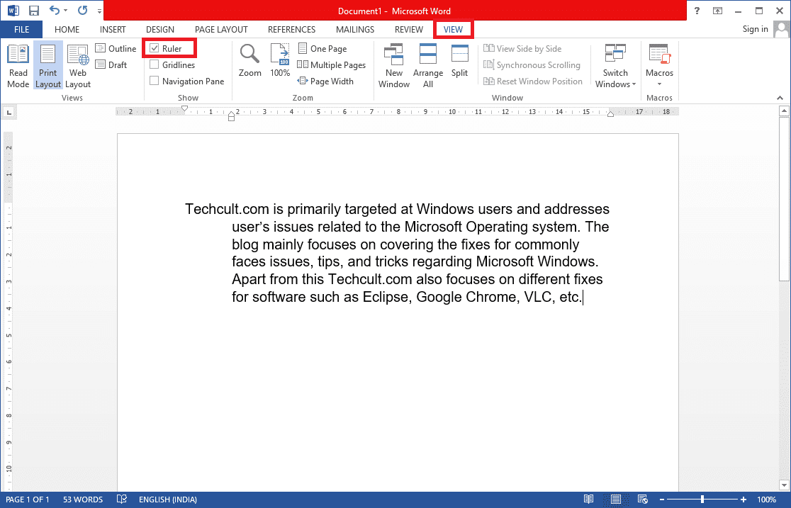 cochez l'option Règle dans le menu Mise en page d'impression dans Microsoft Word.  Comment créer un retrait suspendu dans Word et Google Docs