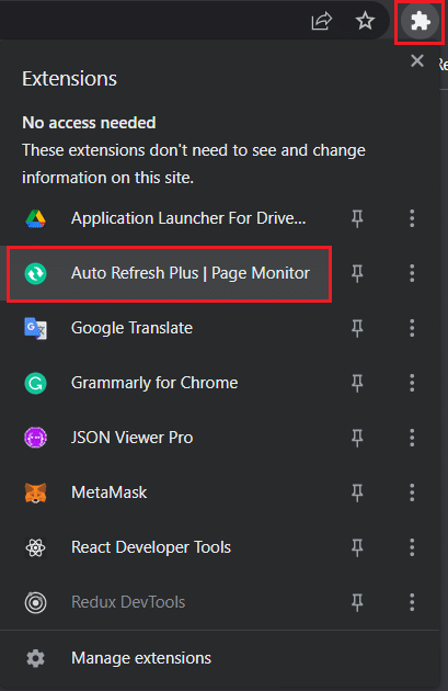 cliquez sur l'icône d'extension et sélectionnez l'actualisation automatique plus l'extension de moniteur de page dans google chrome
