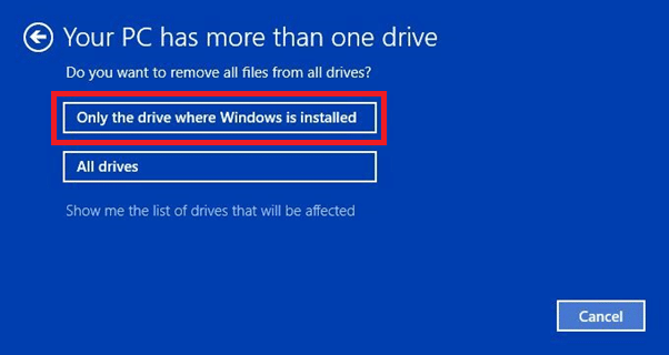 Maintenant, sélectionnez votre version de Windows et cliquez sur Uniquement le lecteur sur lequel Windows est installé pour restaurer le PC à une date antérieure Windows 10