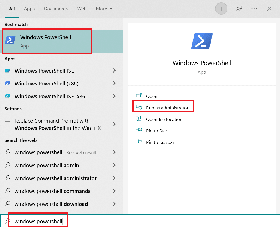 Windows PowerShell dans la recherche 