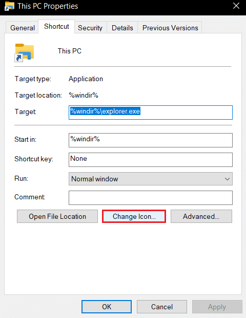 cliquez sur l'option Changer d'icône dans les propriétés du raccourci de ce PC