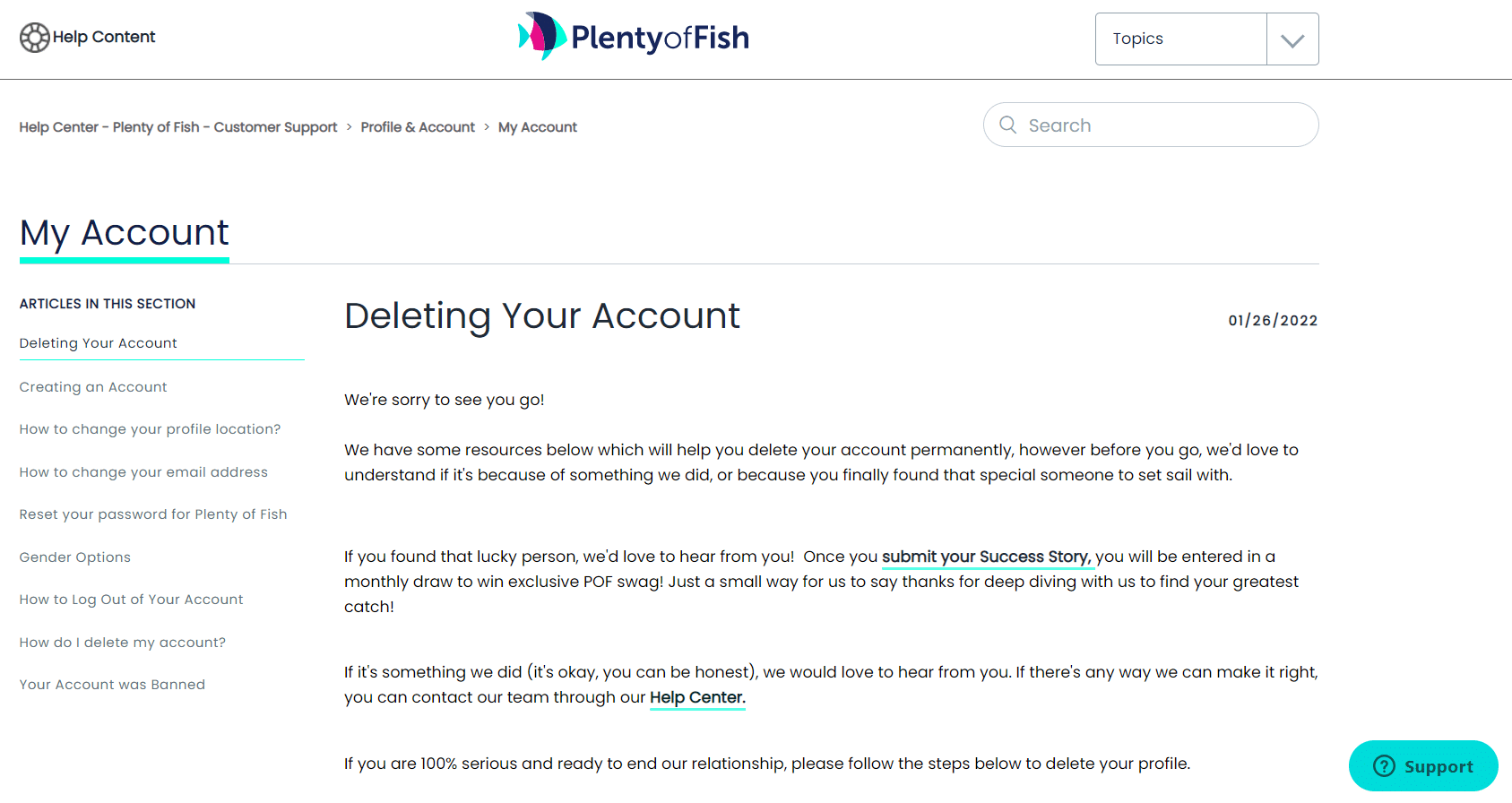 supprimer la page du compte dans de nombreux centres d'aide Fish