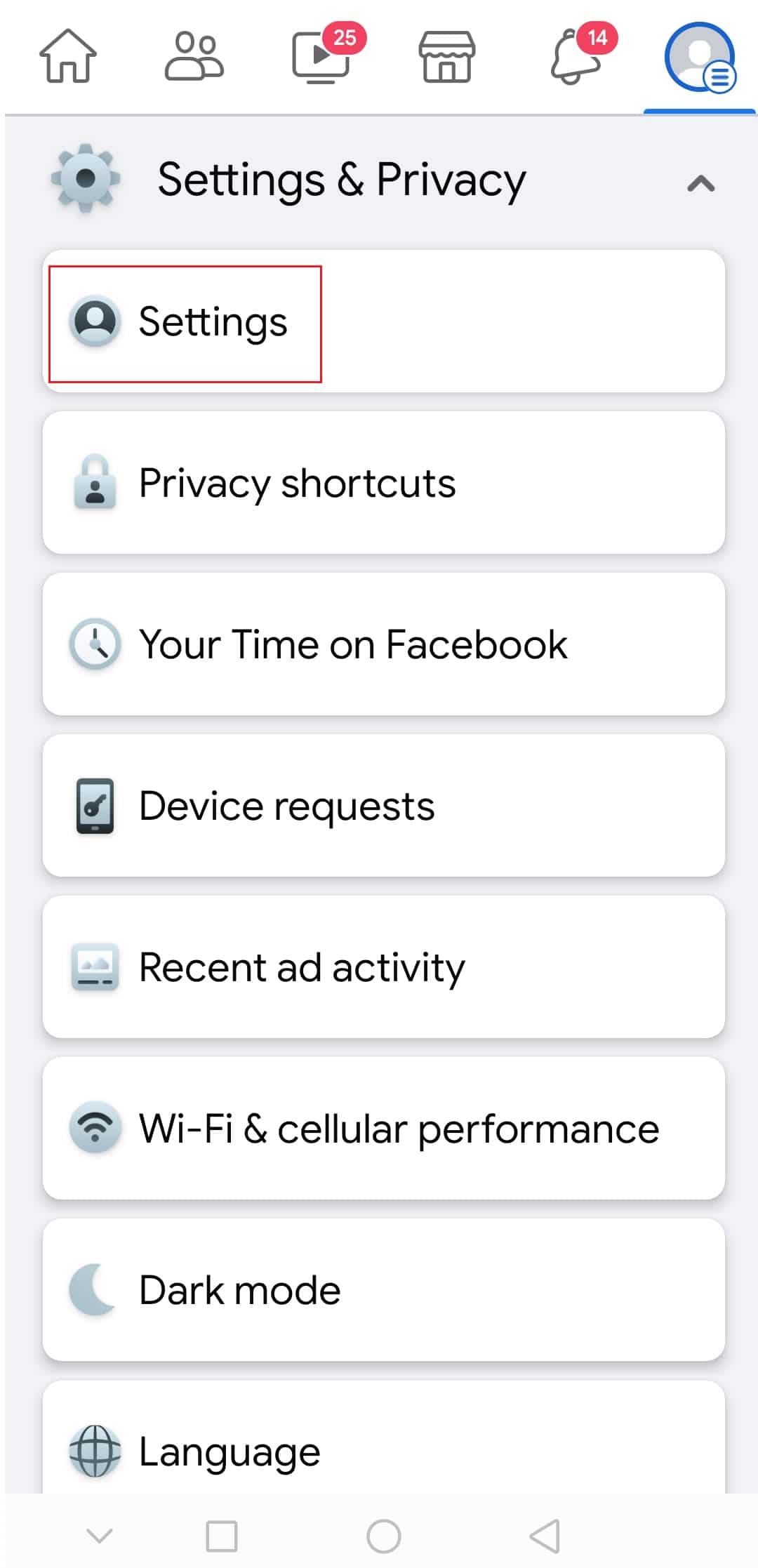 appuyez sur Paramètres dans le menu Paramètres et confidentialité sur l'application Facebook Android
