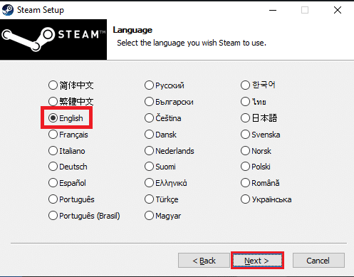 Sélectionnez la langue de votre choix dans la fenêtre suivante et cliquez sur le bouton Suivant.  Correction de l'arrêt des téléchargements de Steam sur Windows 10