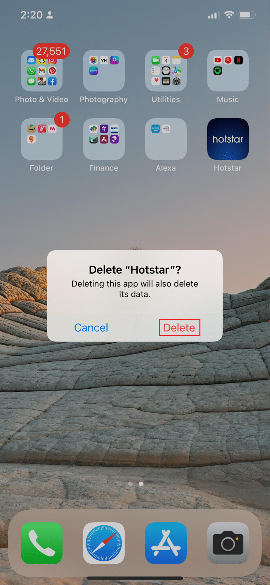 sélectionnez l'option de suppression pour désinstaller l'application hotstar sur iPhone